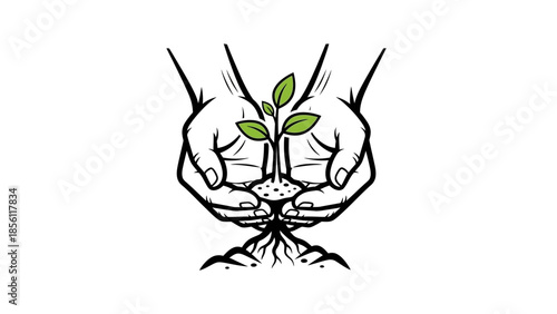 Hands holding a small green plant.