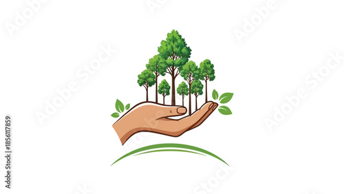 Hand Holding Trees and Leaves Illustration.
