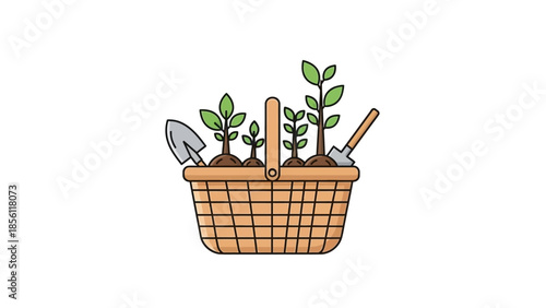 Gardening Tools and Plants in Basket.