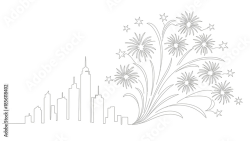 city skyline with fireworks and stars