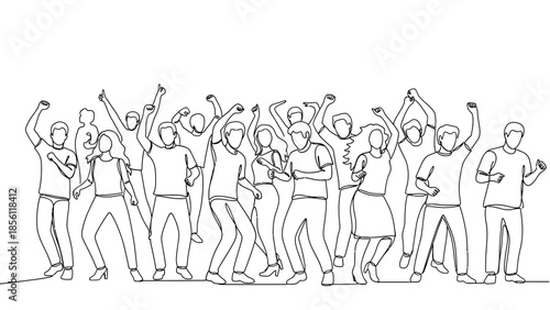 cheerful people celebrating with raised arms