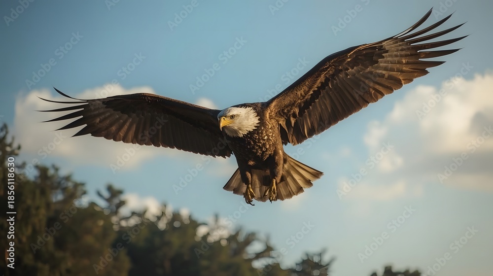 Fototapeta premium Majestic Bald Eagle Soaring with Spread Wings in Clear Blue Sky at Golden Hour