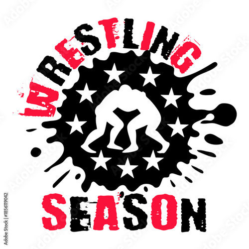 Distressed Wrestling Season typography t-shirt design with wrestler silhouette and stars.