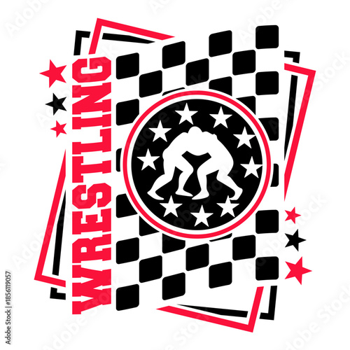 Urban wrestling streetwear t-shirt design with wrestler emblem and checkered pattern.