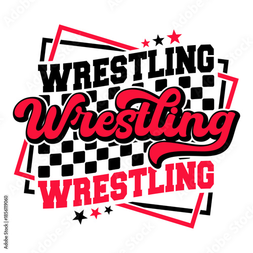 Urban wrestling streetwear t-shirt design with checkered pattern and stars.