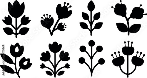 Simple black silhouette floral icon set with various flower shapes and stems vector illustration 