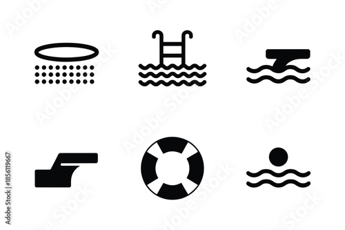 Swimming pool facility and aquatic sports vector icons