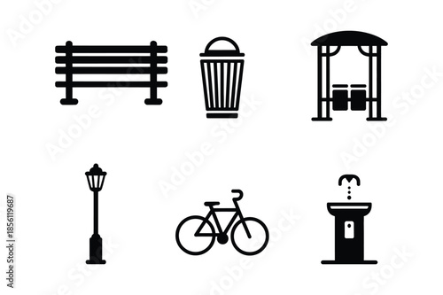 Public park furniture and city street landscape icons