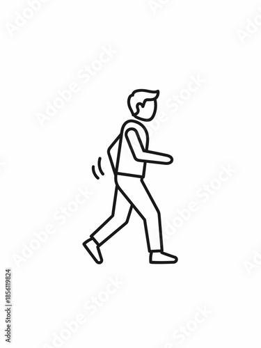 A person walking quickly with a backpack on