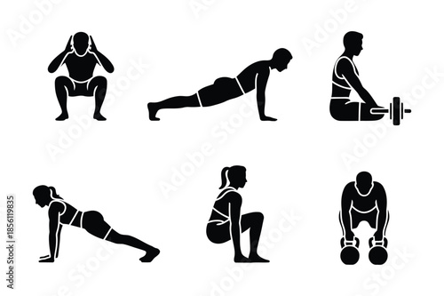 Fitness workout and gym exercise training silhouettes