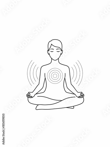 Illustration of a person meditating with radiating energy from their chest, symbolizing inner peace and mindfulness
