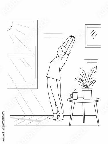 A person standing near a table with a plant and cup, looking up in a room with sunlight coming through the window.