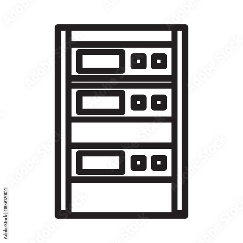 Server rack icon with electronic equipment and digital displays for data centers and network infrastructure