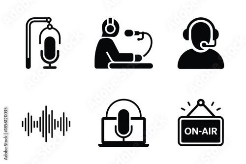 Podcast and radio broadcasting icon set for media production