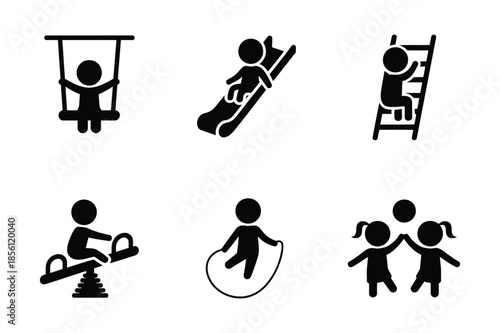 Playground activity icons of children playing and exercising