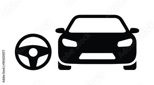 Vector icon of a car with steering wheel shown separately