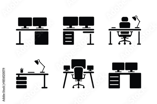 Office workstation icons with computer monitors and desks