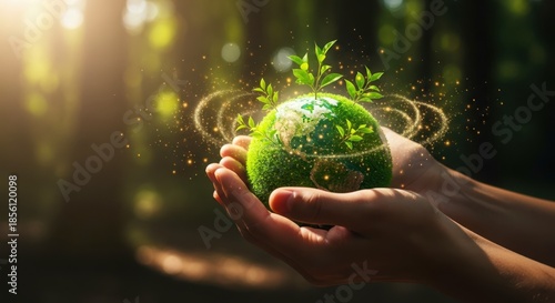 Hand holds a green globe with leaves and network connections. Earth planet eco concept of ecology and environment. Nature conservation and sustainable development. Global warming and save the world.