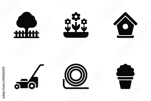 Gardening and yard maintenance icons with lawn mower