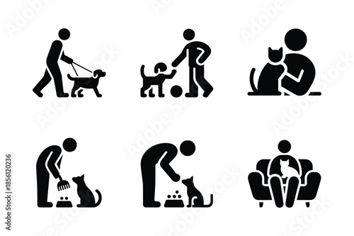 Pet care icons showing people walking dogs and feeding cats