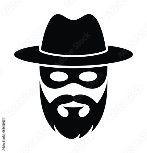 Black vector illustration of masked man in fedora hat