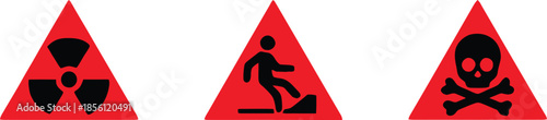 Set of safety hazard warning signs, Danger, caution, flammable, toxic, electric shock, radioactive, corrosive, poison symbols. Workplace health. Vector illustration !