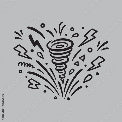 A hand drawn illustration depicting a whirlwind with surrounding lightning bolts and shapes