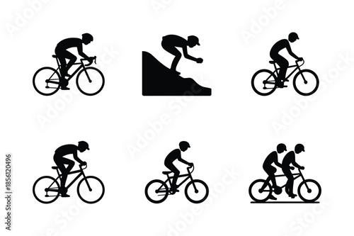 Cycling Sports and Bicycle Rider Activity Silhouette Icon Set