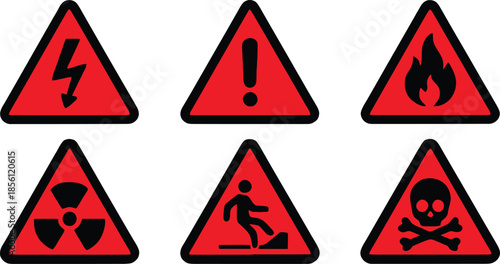 Set of safety hazard warning signs, Danger, caution, flammable, toxic, electric shock, radioactive, corrosive, poison symbols. Workplace health. Vector illustration !