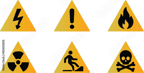 Set of safety hazard warning signs, Danger, caution, flammable, toxic, electric shock, radioactive, corrosive, poison symbols. Workplace health. Vector illustration !