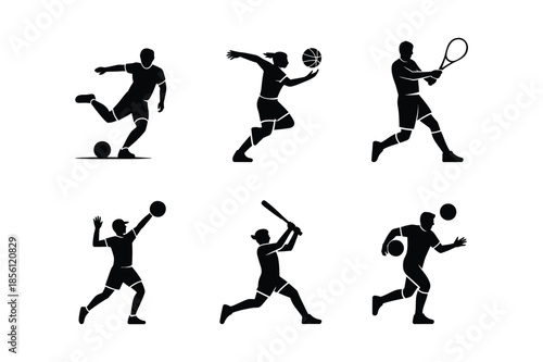 Professional Sports Athletes Action and Player Silhouette Icon Set