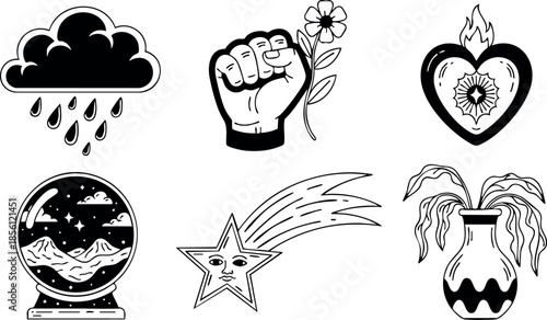 Set of symbolic vector icons with rain cloud fist star heart and vase illustration 
