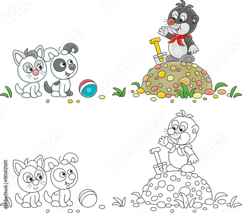 Little puppy and kitten chat amicably with a mole gardener standing with its small spade on a pile of earth in a vegetable garden, color and black-and-white vector cartoon illustrations
