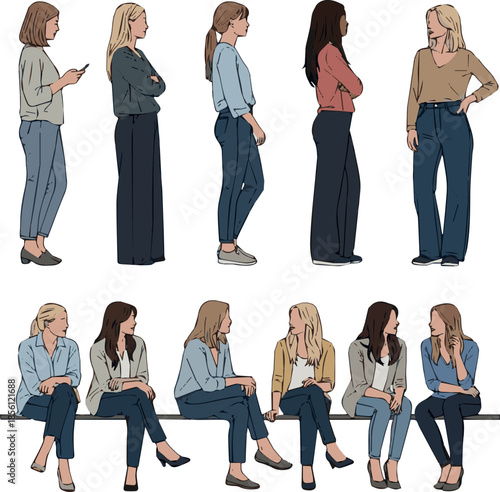 Create kinds of women standing and sitting sideways side view in color for architectural projects in editable vector.