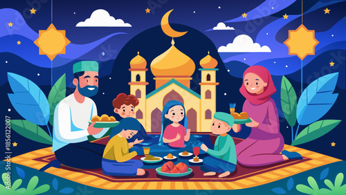 Muslim family enjoying a festive iftar meal together under the night sky with a mosque