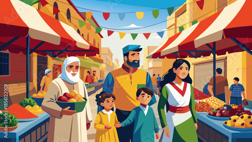 A lively marketplace scene with a family and an elder enjoying the colorful array of goods