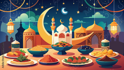 A beautiful islamic celebration scene with delicious food and stunning mosque architecture under a starry night sky