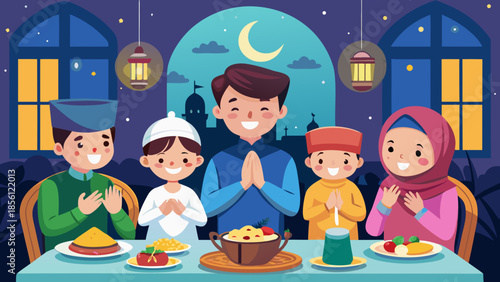 A happy muslim family gathering for iftar or eid al-fitr celebration during a festive night
