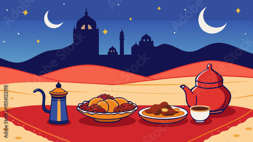 A serene ramadan night scene with traditional iftar meal and desert landscape