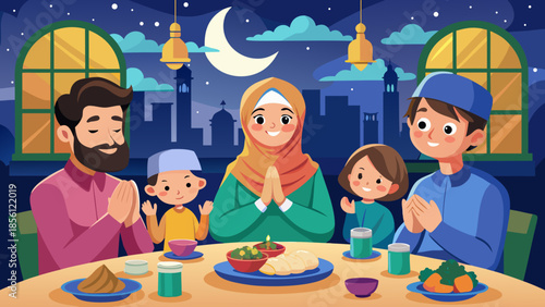Muslim family praying together before breaking fast during the holy month of ramadan