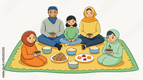 A warm and joyful muslim family gathering together for a meal on a festive occasion