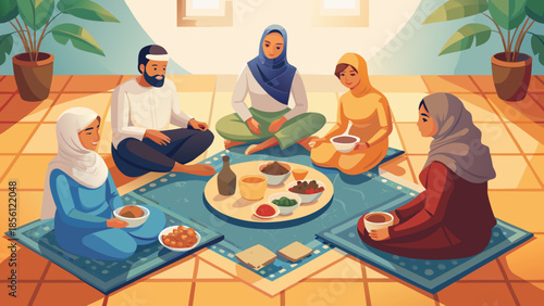 Joyful gathering of muslim family and friends sharing a traditional meal at home