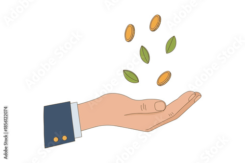 Human Hand Catching Falling Gold Coins and Green Leaves