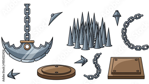 A collection of medieval-style fantasy weapons and objects including a battle-axe, spikes, arrows, a chain, and wooden shield on a plain white background with a dark and adventurous mood.