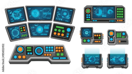 Collection of futuristic control panels and screens with blue, orange, and green buttons and displays on a white background.