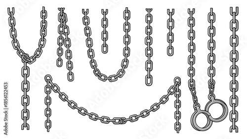 Collection of various metal chains with different links and handcuffs on a white background.