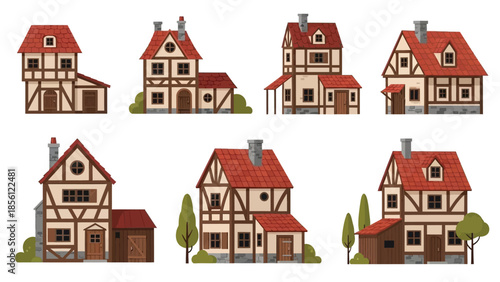 Collection of six cartoon-style half-timbered houses with red roofs and beige walls on a white background.