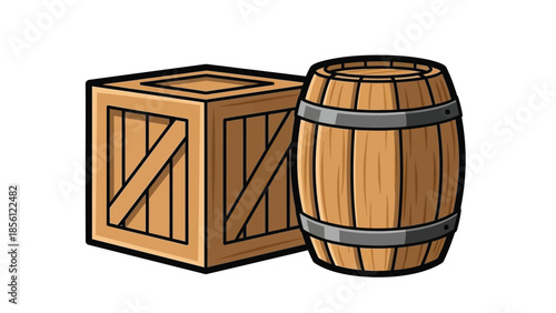 Illustration of a wooden crate and barrel with metal bands on a white background in a simple graphic style.