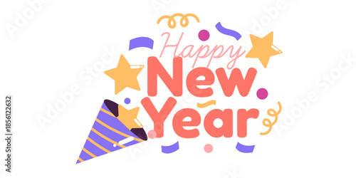 Vibrant Happy New Year celebration graphic with colorful confetti