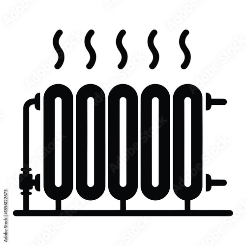 Black vector radiator emitting heat steam in evenly spaced columns.
